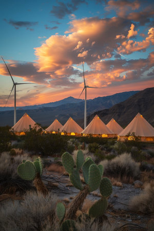 Glamping tents are set against a vibrant sunset, with wind turbines standing tall in the background, surrounded by desert vegetation and mountains, creating a serene outdoor experienceの素材