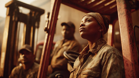 African female warehouse manager is guiding her team in a busy industrial environment, showcasing leadership and collaboration among workers, with machinery and equipment in the backgroundの素材