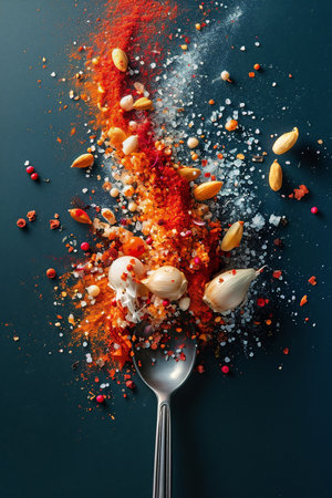 Colorful spices and ingredients are artistically scattered on a dark surface, with a silver spoon at the center, showcasing a vibrant culinary arrangement that highlights texture and colorの素材