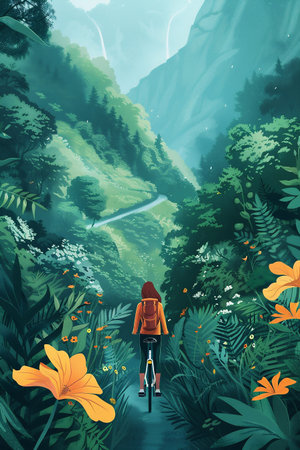 Woman cycling along a narrow path in a dense forest, surrounded by vibrant flowers and towering mountains, creating a serene atmosphere of adventure and exploration in natureの素材