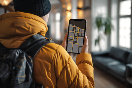 Young person wearing a yellow puffer jacket is holding a smartphone displaying a map application, standing indoors in a contemporary space with natural light and comfortable seating areasの素材