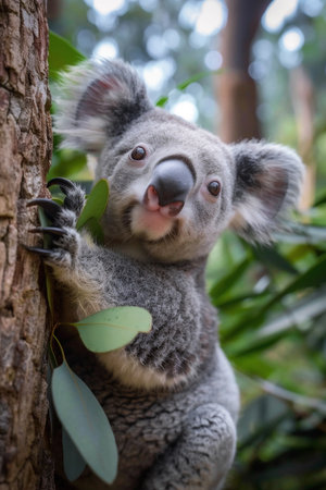Koala is climbing a tree, showing its unique features and texture, surrounded by vibrant green leaves and branches, creating a serene atmosphere in its natural habitatの素材