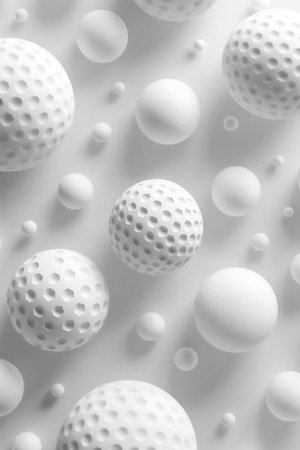 Abstract composition featuring various white spheres with distinct textures and sizes, arranged artistically on a soft gradient background, creating a visually engaging and modern aestheticの素材