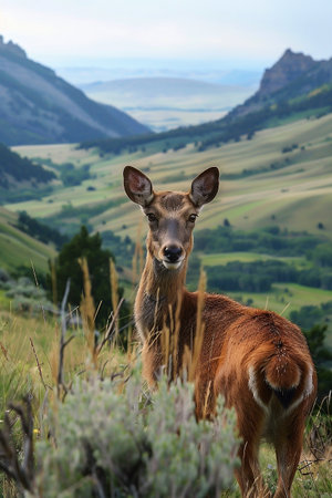 Young deer gazes curiously while standing in a vibrant green valley, with rolling hills and distant mountains creating a serene natural landscape, showcasing wildlife in its habitatの素材
