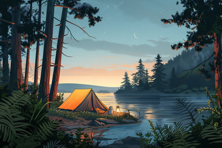 Vibrant camping scene features an orange tent set by a tranquil lake, surrounded by lush green trees and a serene atmosphere, capturing the essence of outdoor adventure and relaxationの素材