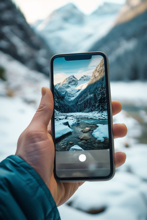 Hand holding a smartphone, capturing a breathtaking mountain landscape with snow-covered peaks and a serene river reflecting the scenery, showcasing the beauty of nature and photographyの素材