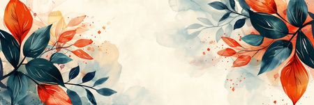 This vibrant autumn leaves illustration features rich colors and a soft watercolor background, creating a warm atmosphere with ample copy space for text or design elementsの素材
