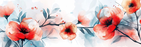 This vibrant watercolor illustration showcases beautiful blooming flowers intertwined with delicate leaves, set against a soft, dreamy background that enhances the floral beauty and eleganceの素材