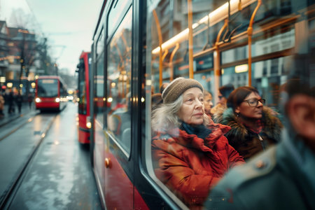 Elderly woman with gray hair is gazing thoughtfully out of a bus window, surrounded by fellow commuters, while raindrops create a blurred effect on the glass, capturing the essence of urban travelの素材