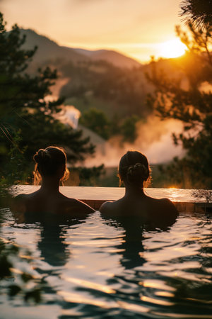 Two women are relaxing in a hot tub, enjoying a beautiful sunset. The warm glow of the sun reflects on the water, creating a tranquil atmosphere amidst lush greenery and distant mountainsの素材