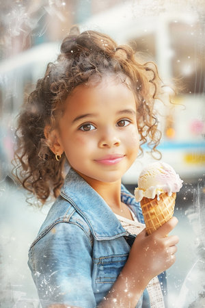 Young girl with curly hair is happily holding an ice cream cone, wearing a denim jacket, surrounded by a lively urban backdrop, capturing the joy of summer and childhood innocenceの素材