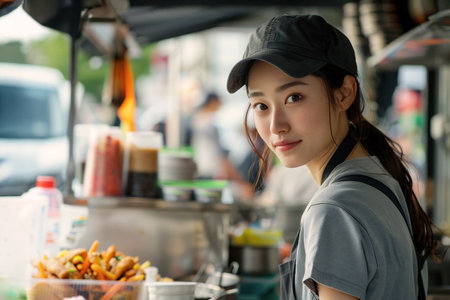 Asian woman vendor wearing a cap and gray shirt is smiling while serving street food at a bustling market stall, surrounded by colorful dishes and a lively atmosphere, showcasing culinary cultureの素材