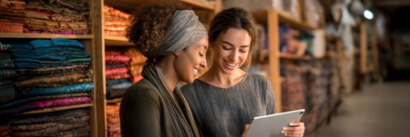 Two women engaged in a collaborative discussion while using a digital tablet in a textile store, surrounded by vibrant fabrics and materials, showcasing creativity and teamworkの素材