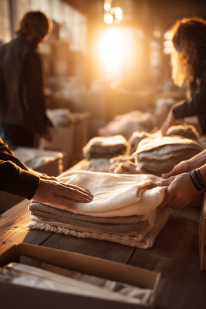 Group of individuals engaged in folding soft textiles in a warm, sunny workspace, surrounded by neatly organized fabrics and a cozy atmosphere, showcasing teamwork and craftsmanshipの素材