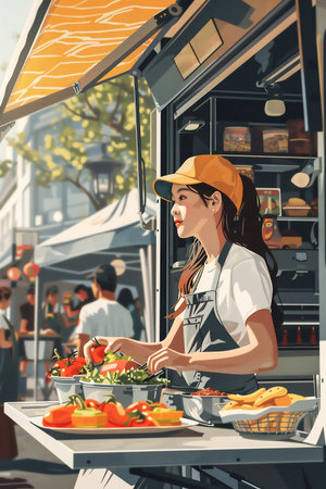 Young woman in a cap and apron is arranging fresh vegetables at an outdoor market stall, surrounded by vibrant produce and lively atmosphere, showcasing culinary passion and community engagementの素材