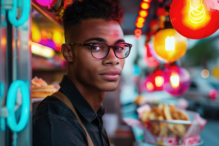 Young african american man with glasses is standing at a lively food stall, surrounded by colorful lights and delicious food items, creating a vibrant and inviting atmosphere for customersの素材