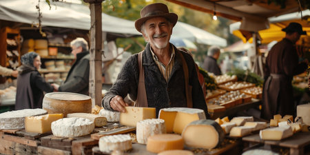 Smiling elderly man stands proudly at a bustling market stall filled with an array of artisanal cheeses, surrounded by shoppers and colorful displays, creating a lively and inviting atmosphereの素材