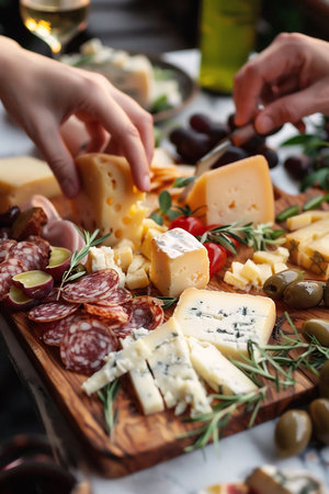 Hands are reaching for a variety of cheeses and cured meats displayed on a wooden platter, garnished with fresh herbs, creating a vibrant and inviting atmosphere for sharing foodの素材