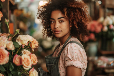Young woman with curly hair wearing a floral top stands amidst a variety of colorful flowers in a lively floral shop, showcasing her passion for floristry and the beauty of natureの素材