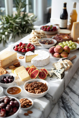 Assorted gourmet cheese platter featuring various cheeses, fresh fruits, nuts, and wine bottles elegantly arranged on a marble table, creating a luxurious dining experience for gatheringsの素材