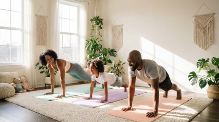 African American family engaged in fitness activities in a well-lit room, featuring yoga mats on the floor, surrounded by indoor plants, creating a vibrant and healthy atmosphere for exerciseの素材
