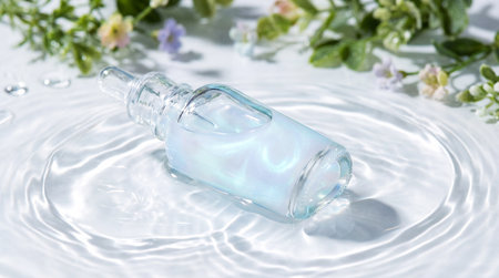 Glass dropper bottle filled with shimmering iridescent liquid is gently resting on a water surface, surrounded by delicate greenery and soft floral elements, creating a serene ambianceの素材