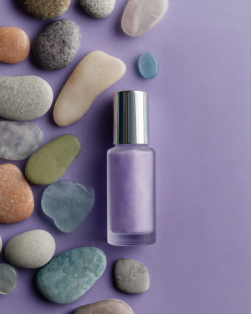A purple nail polish bottle mock-up is positioned centrally among various smooth stones on a lavender background, providing ample copy space for branding or design purposesの素材