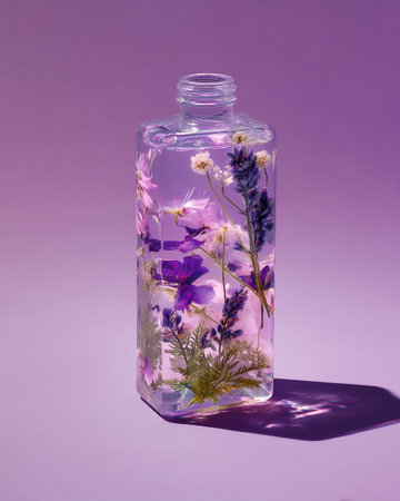 Clear bottle containing various colorful flowers submerged in water, positioned on a soft purple background, creating a visually appealing composition with ample copy space for design purposesの素材