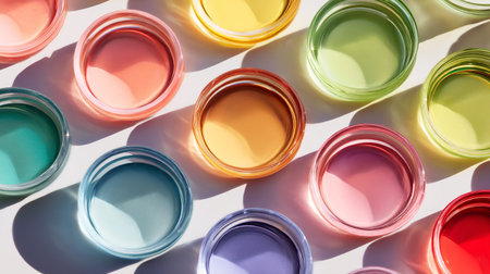 A variety of glass bowls filled with vibrant liquids are arranged in a symmetrical pattern on a light surface, showcasing shades of pink, blue, green, yellow, and purple with distinct shadowsの素材