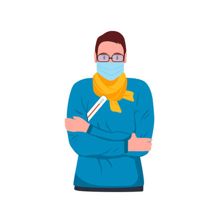 The man feels bad. Fever and chills. He is wearing a protective medical mask.のイラスト素材