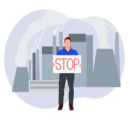 A man holds a tablet in his hands against air pollutionのイラスト素材