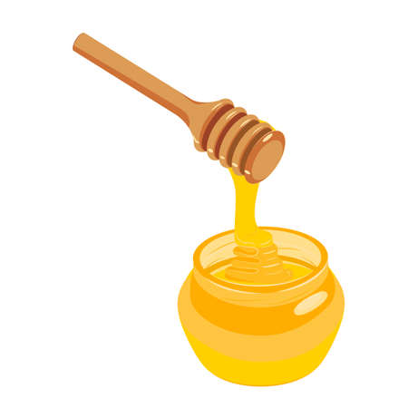 Glass jar of honey with a wooden spoon. with which honey dripsのイラスト素材