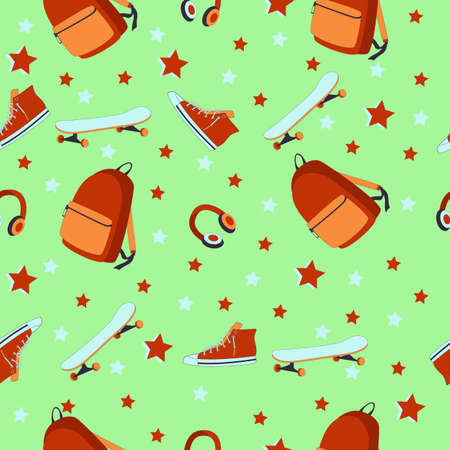 Pattern with a backpack, lightboard, boots and sneakers on a green backgroundのイラスト素材