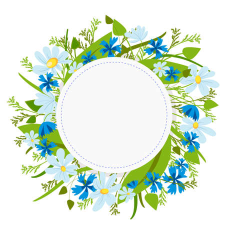 Greeting card with cornflowers and daisies with meadow grass inserts. In the center is an empty spaceのイラスト素材