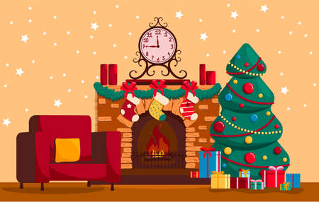 Christmas fireplace with candles and a clock.のイラスト素材