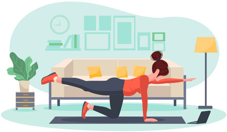 Young pregnant girl goes in for sports at home.のイラスト素材