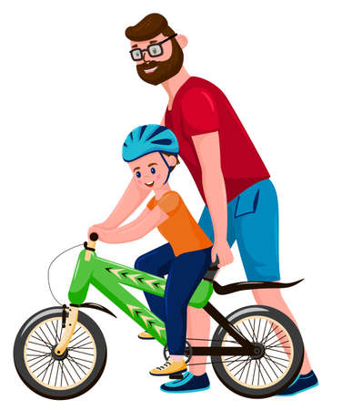 Dad teaches son to ride a bikeのイラスト素材