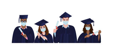 Happy graduates in gowns and with diplomasのイラスト素材