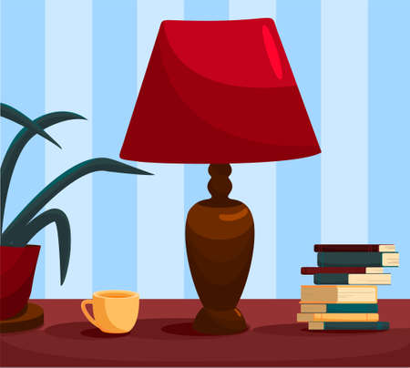 Home interior image with red table lamp, stack of books. Flower in a pot. Yellow circle. Coziness. Calmness. Relaxation. Vector illustrationのイラスト素材