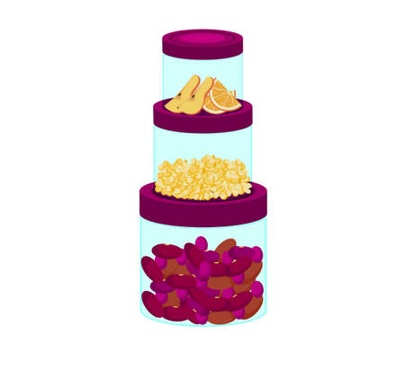 A set of containers with different products. Breakfast, ready-made food pear orange beans flakes. Storage. Vector illustrationのイラスト素材