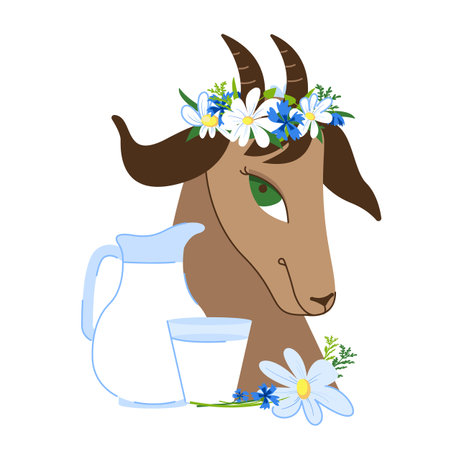 Brown goat with a wreath of wildflowers on its head. Jug and glass. Goat milk. Dairy farm, organic, natural products. Goat milk  for dairy and meat business - shop, market. Vector illustrationのイラスト素材