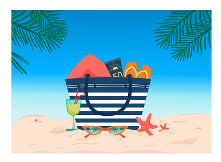 Summer illustration with a beach bag on the sand against a background of blue sky and palm branches. Beach flip flops, sunscreen, towel, cocktail. Vector illustrationのイラスト素材