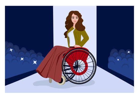 A young disabled girl on the catwalk at a fashion show. The disabled person is the top model of the fashion house. Concept. Flat style. Vector illustrationのイラスト素材