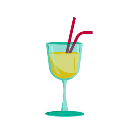 glass of cocktail or juice with straws. Yellow drink. Red straws. Green glass. Isolated object. On white background. Style cartoon. Vector illustrationのイラスト素材
