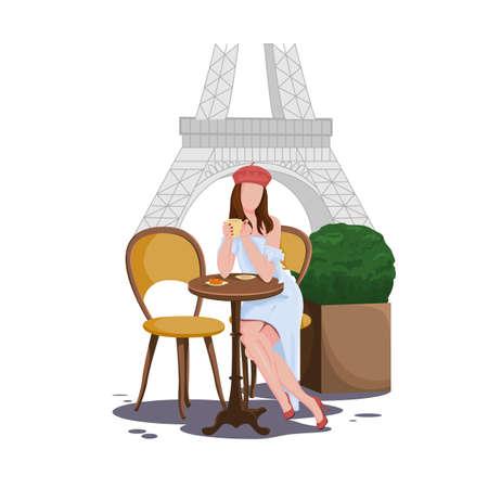 Beautiful brunette girl in a street cafe in Paris, drinking coffee and eating a croissant. Dkvushka in a red beret and faucet shoes. Parisian. Cartoon style. Concept. Vector illustration.のイラスト素材