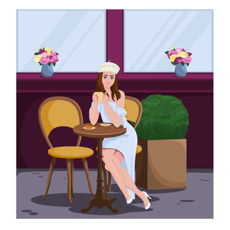 A beautiful young brunette girl sits in a street cafe in Paris, drinks coffee, and eats a croissant. A girl in a white beret and shoes. Flowers in vases. Cartoon style. Concept. Vector illustration.のイラスト素材