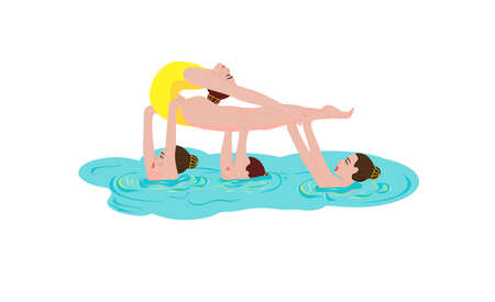 Sportswomen in yellow swimsuits. Sportswomen perform a beautiful choreographic element of synchronized swimming. Concept. Water sports. Cartoon style. Isolated vector illustrations.のイラスト素材