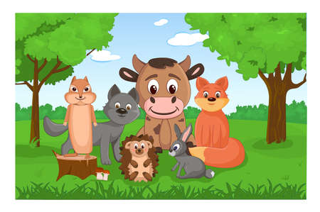 Set of cute forest animals in the forest. Collection of mammals in cartoon style. Children illustration of funny smiling animals. Vector illustrationのイラスト素材