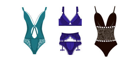 A collection of elegant lingerie or sexy lingerie. Set of female underwear isolated on white background. Colorful vector illustration in flat styleのイラスト素材