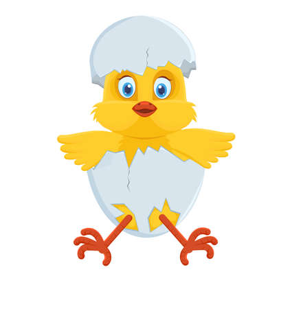 A cute little chicken sits in a cracked egg with its wings spread. Shell on the head. Isolated. Cartoon style. Vector illustrationのイラスト素材